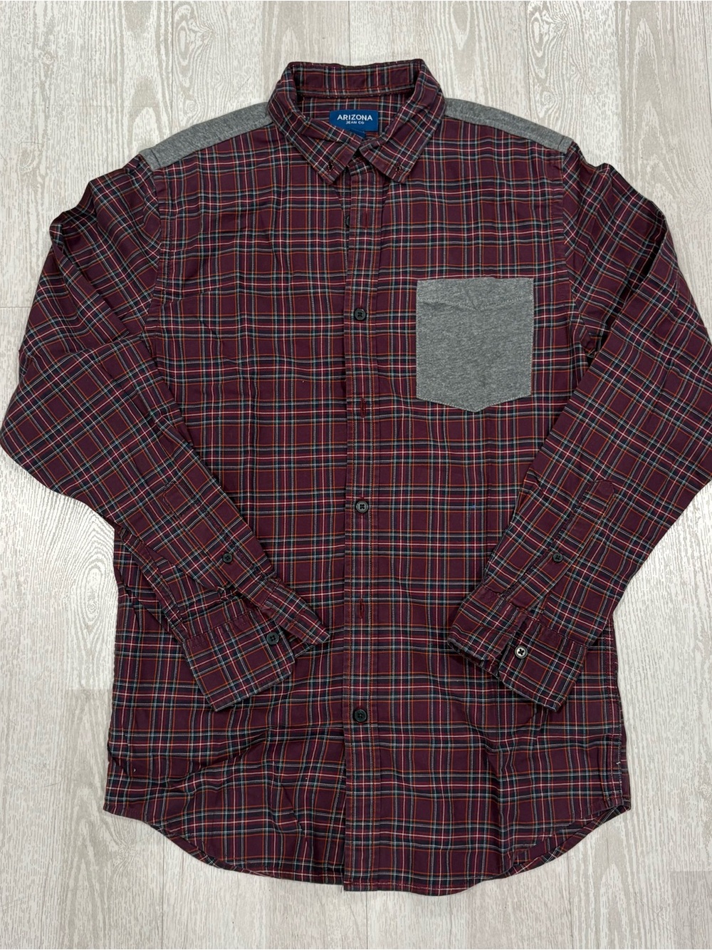 Arizona Jean Co Mens Small Plaid Long Sleeve Button Shirt Grey Pocket